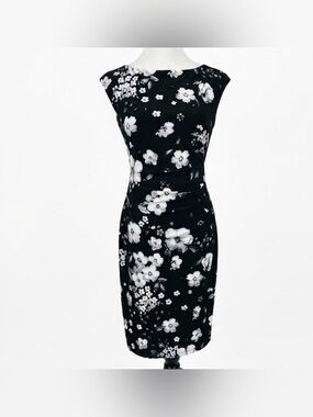 Lauren Ralph Lauren Women Black White Floral Ruched Cocktail Party Pencil Size 4